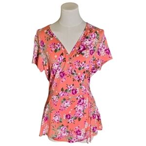 ⏰Kristin Nicole Bright Orange and Pink Floral Wrap V-Neck Blouse Size Medium